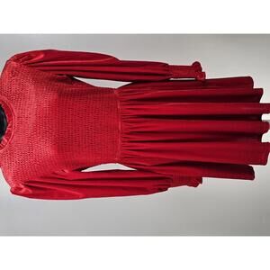 Red Velvet Long Sleeve Dress with Smocked Bodice
